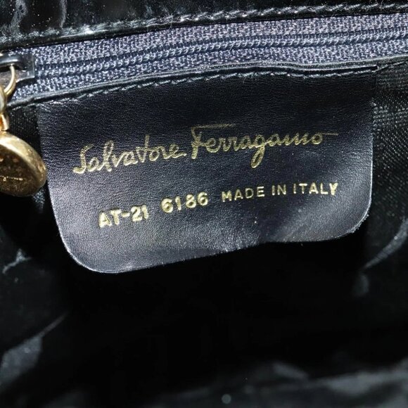 Salvatore Ferragamo Backpack Patent Canvas Black Gold Auth BA3113